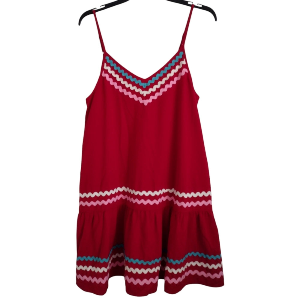 Vici short red dress spaghetti straps pastel color zig zag embroidery size Small